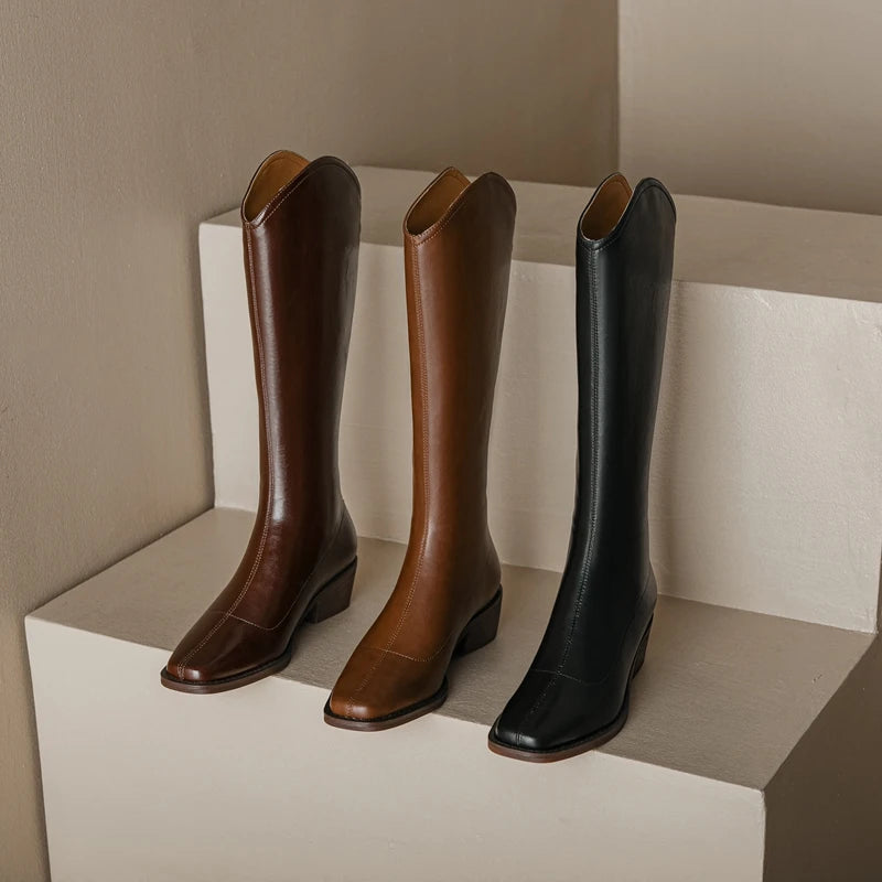 Kaky's New Square Head Cowhide Mid Heel Genuine Leather Cowhide Women's Boots High Sleeve Boots Long Boots Western Boots