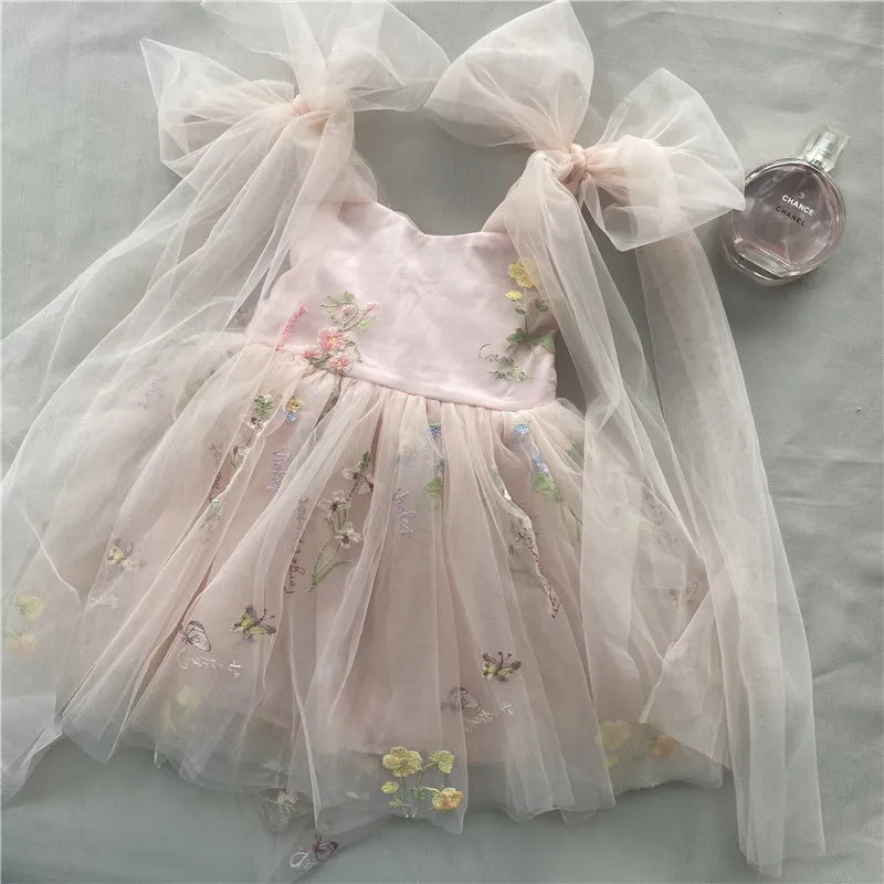 2026 Baby Embroidery Dress Girl Summer Dress Floral Bows Sleeveless Ballarina Dance Performance Dress Girls Tutus Clothes