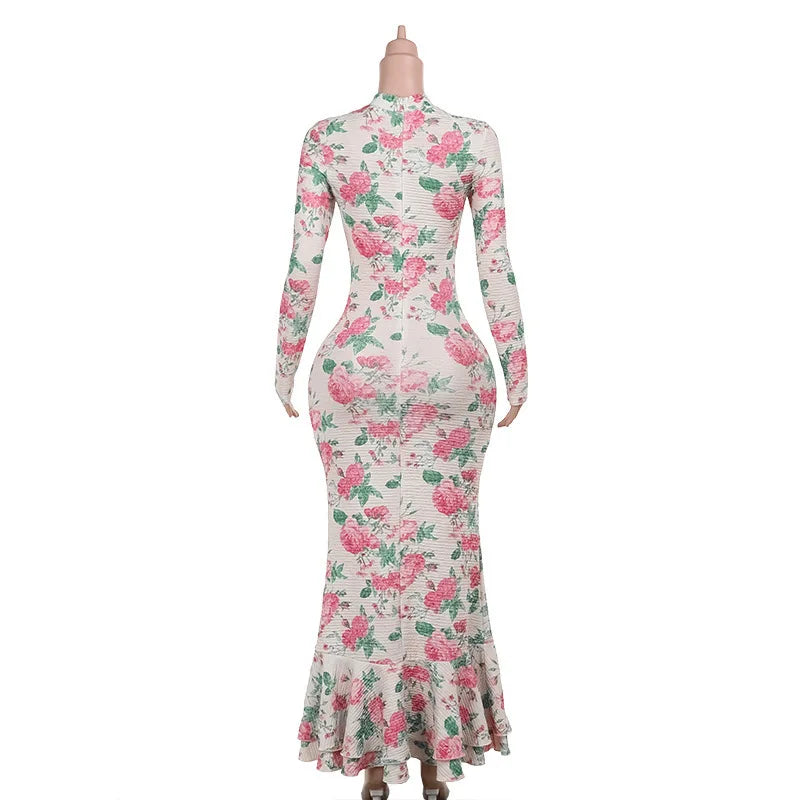 Mozision Bodycon Long Sleeve Half High Collar Print Zipper Elegant Maxi Dress Women Slim High Waist Sexy Dress Ladies Outfits