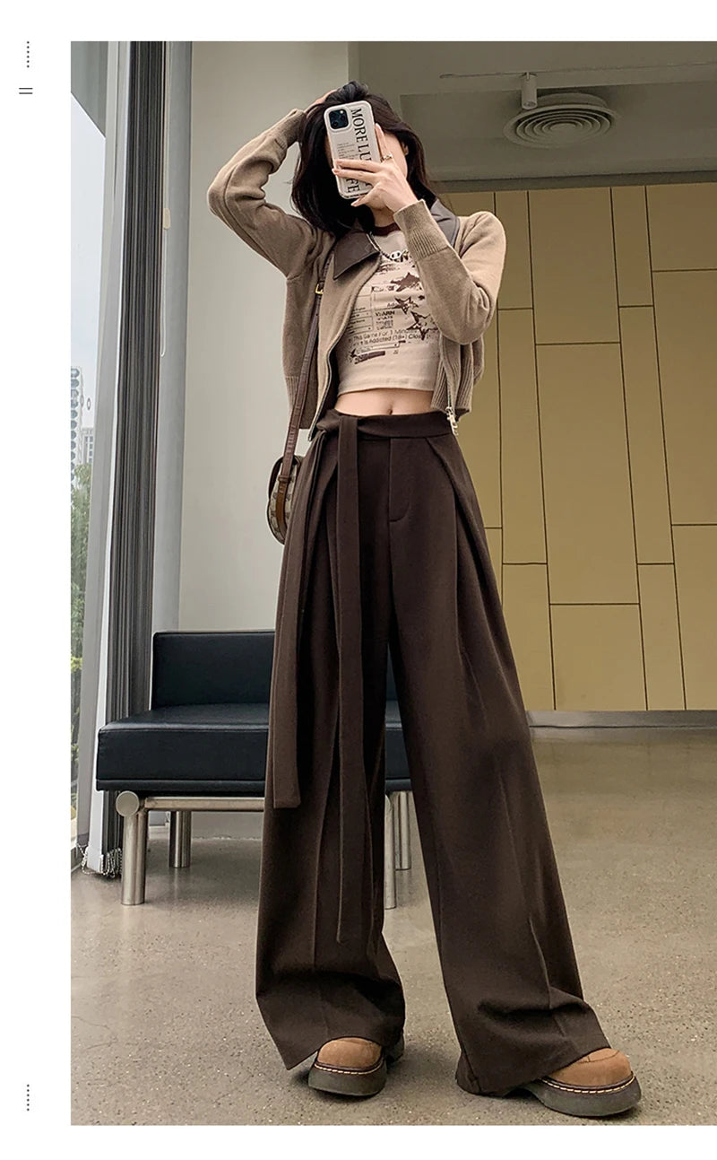 MEXZT Woolen Wide Leg Pants Women Fashion Lace Up Black Baggy Suit Pants Winter Streetwear Korean Casual Straight Trousers New