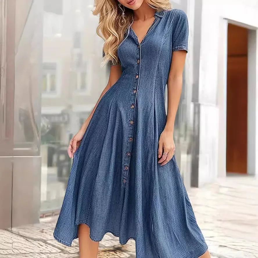 V-neck Single Breasted Denim Shirt Dress for Women Harajuku Summer Party Long Dresses Elegant Short-sleeved Slim-fit Denim Dress