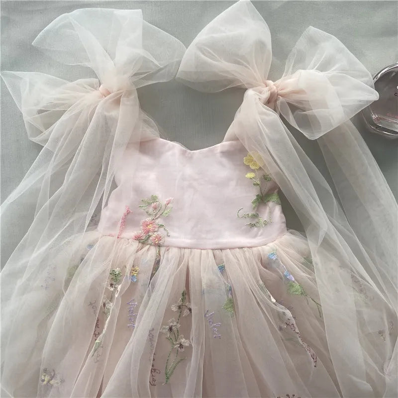2026 Baby Embroidery Dress Girl Summer Dress Floral Bows Sleeveless Ballarina Dance Performance Dress Girls Tutus Clothes