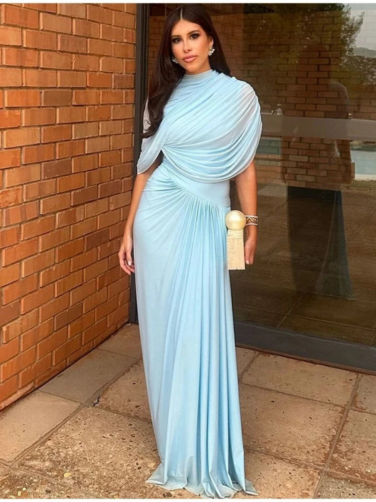 Elegant Shawl Ruched Asymmetrical Maxi Women Dress Summer Light Blue Slim Light Blue Party Dress Female Chic Evening Prom Gowns