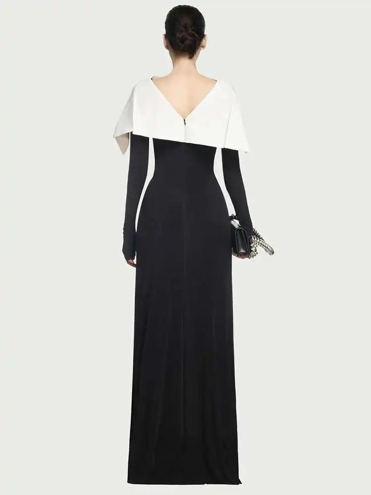 DEAT Elegant Dress Pleated Asymmetrical Cape Long Sleeve Contrast Color Women's Evening Party Dresses 2026 Spring New 35Z1621