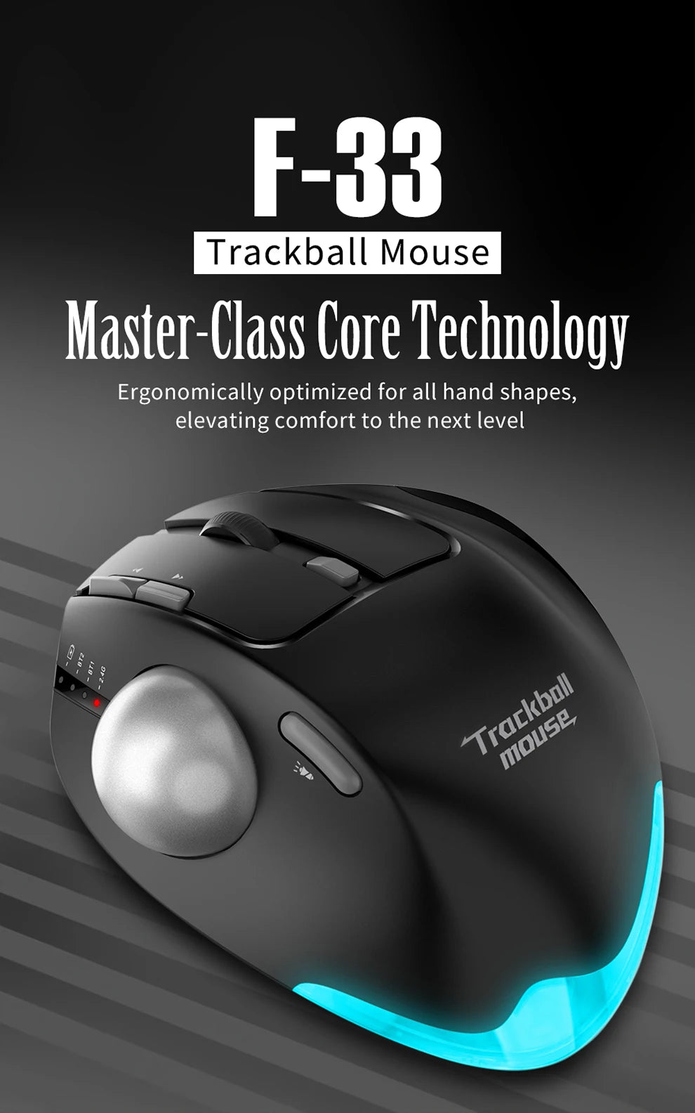 Wireless Bluetooth Trackball Mouse 2.4G RGB Ergonomic Rechargeable Rollerball Mice 3 Device Connection Thumb Control for PC iPad