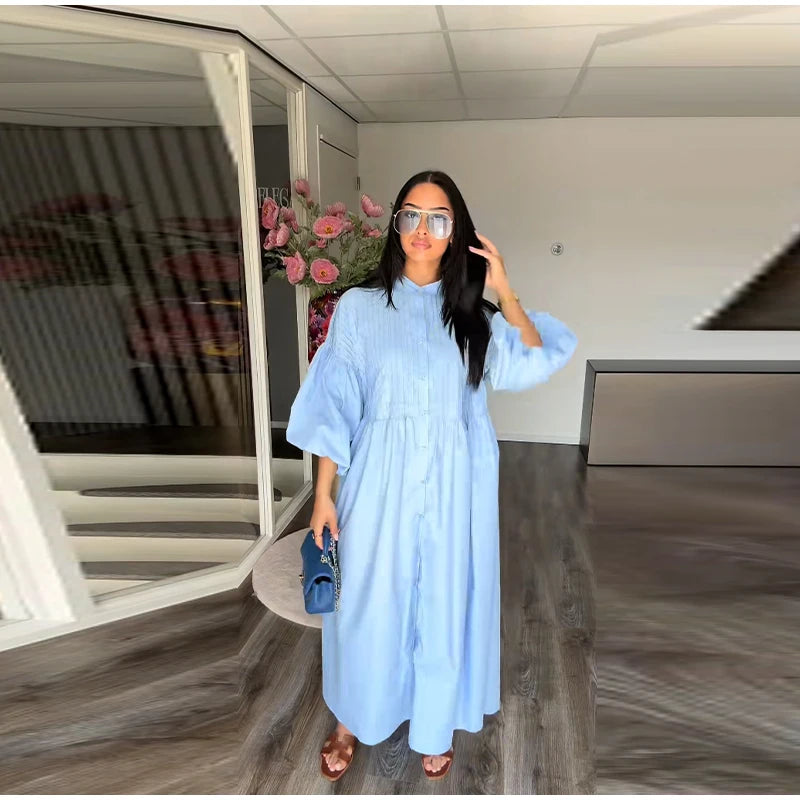 Loose Single Breasted Pleated Long Dress Women Elegant O-neck Lantern Sleeve A-line Party Dresses 2025 Summer Lady Casual Robes