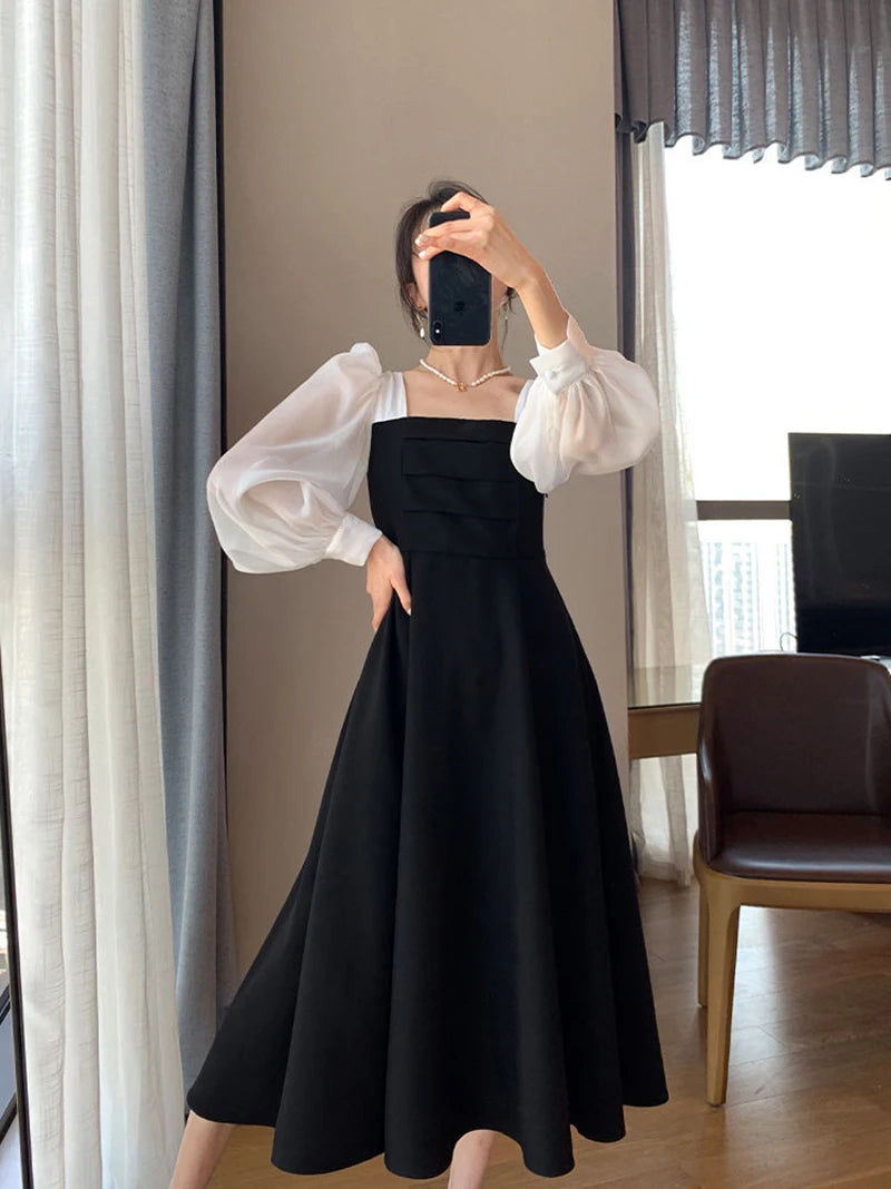 Korean Black Dress Women Elegant Fashion Summer Office Ladies High Waist Dress Chiffon Patchwork Square Collar A Line Vestidos
