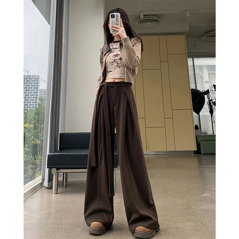 MEXZT Woolen Wide Leg Pants Women Fashion Lace Up Black Baggy Suit Pants Winter Streetwear Korean Casual Straight Trousers New