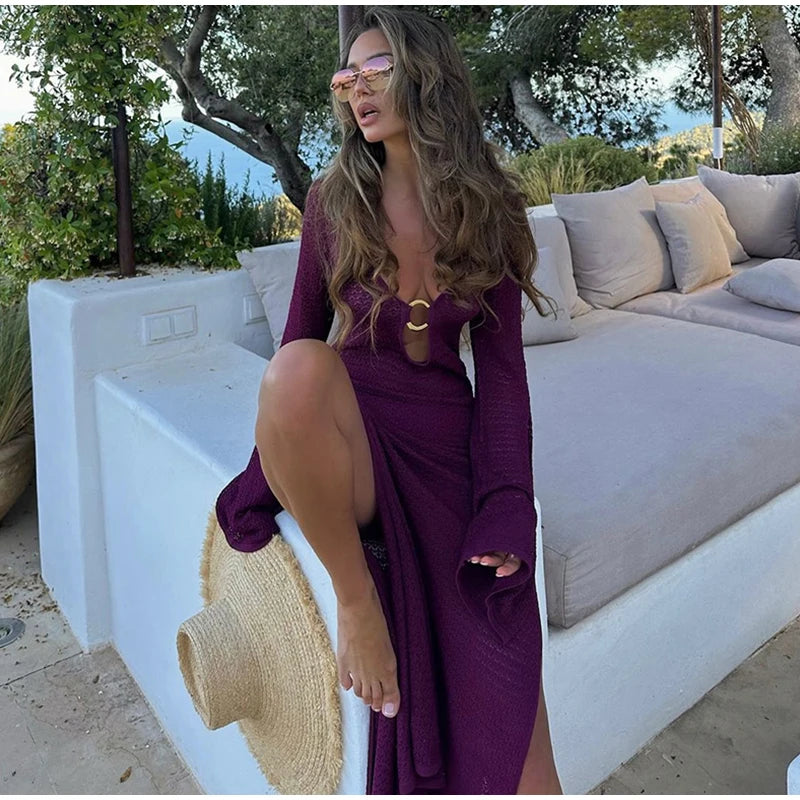 Sexy Hollow Out Knitted Dress Women Metal Ring Long Flare Sleeve Split Solid Maxi Dress Female 2025 V-neck Slim Lady Party Robes