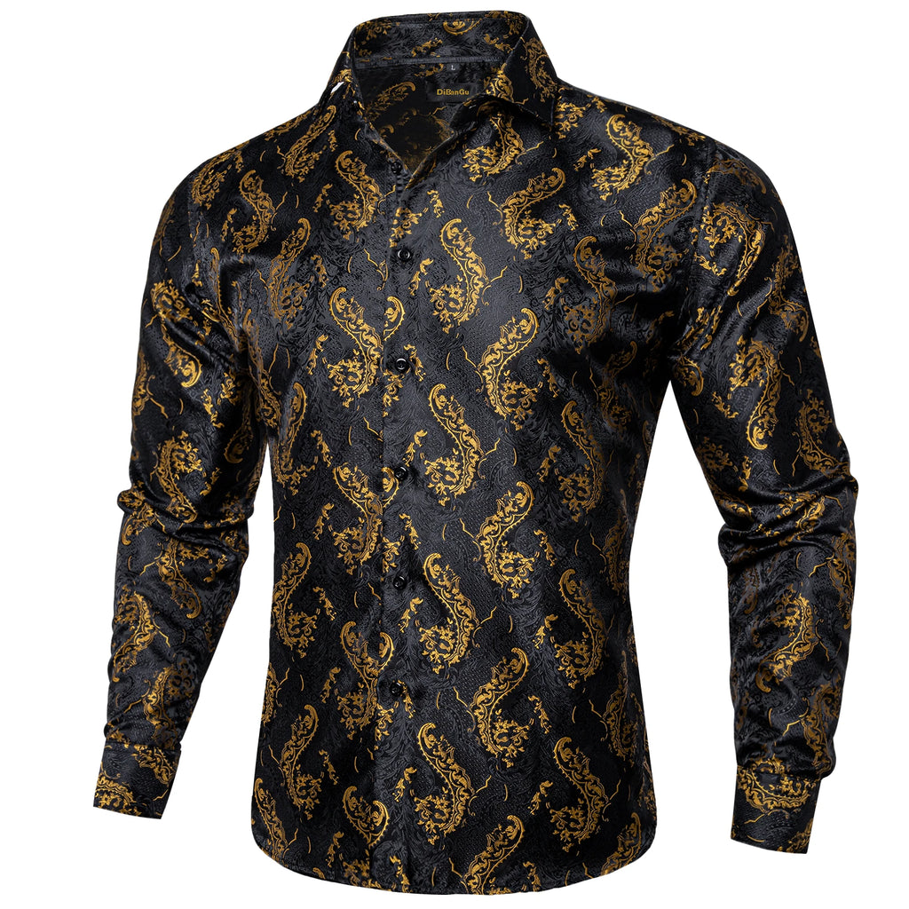 Polyester Dress Shirts for Men Black Solid Paisley Red Silver Long Sleeve Turn Down Collar Prom Social Men's Shirt