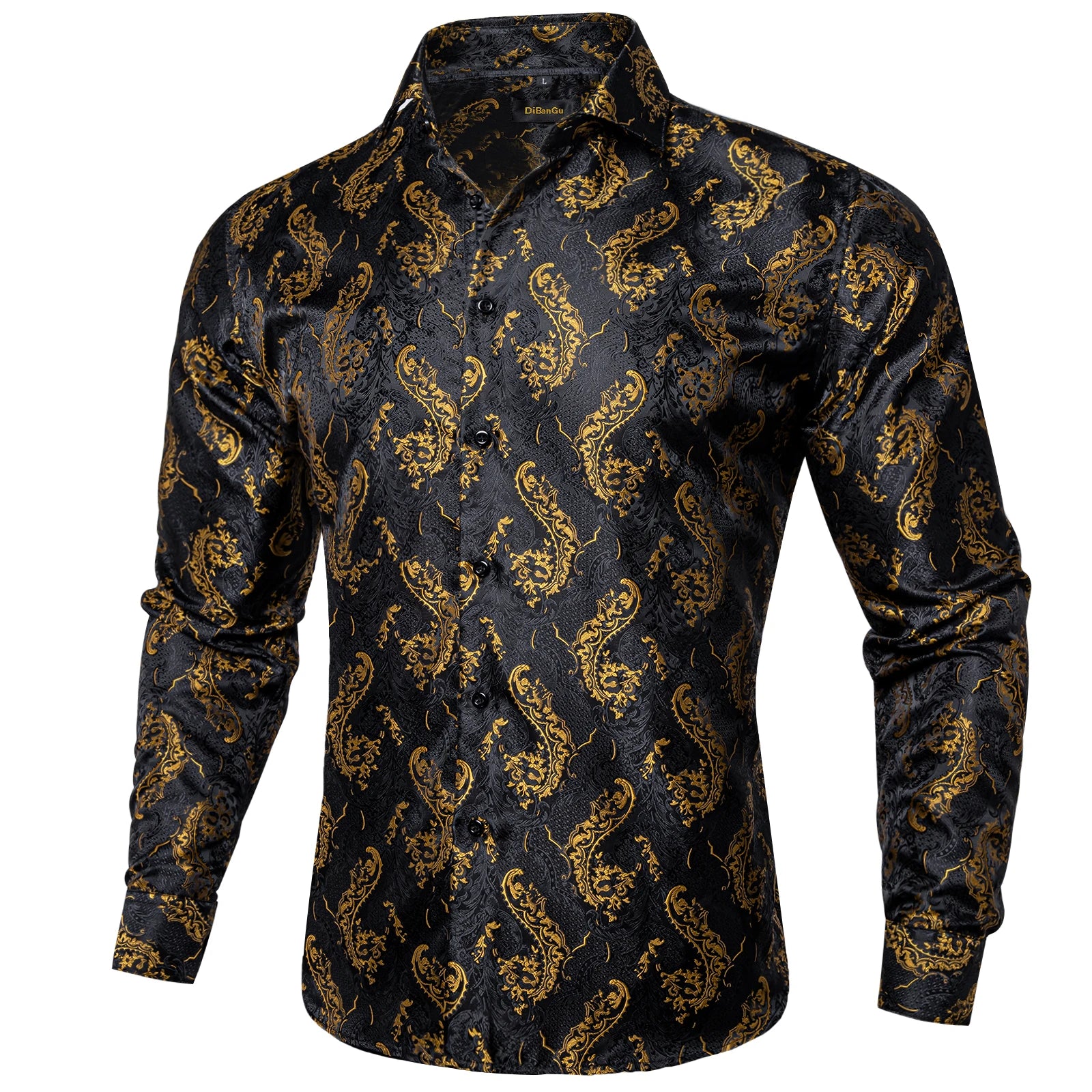 Polyester Dress Shirts for Men Black Solid Paisley Red Silver Long Sleeve Turn Down Collar Prom Social Men's Shirt