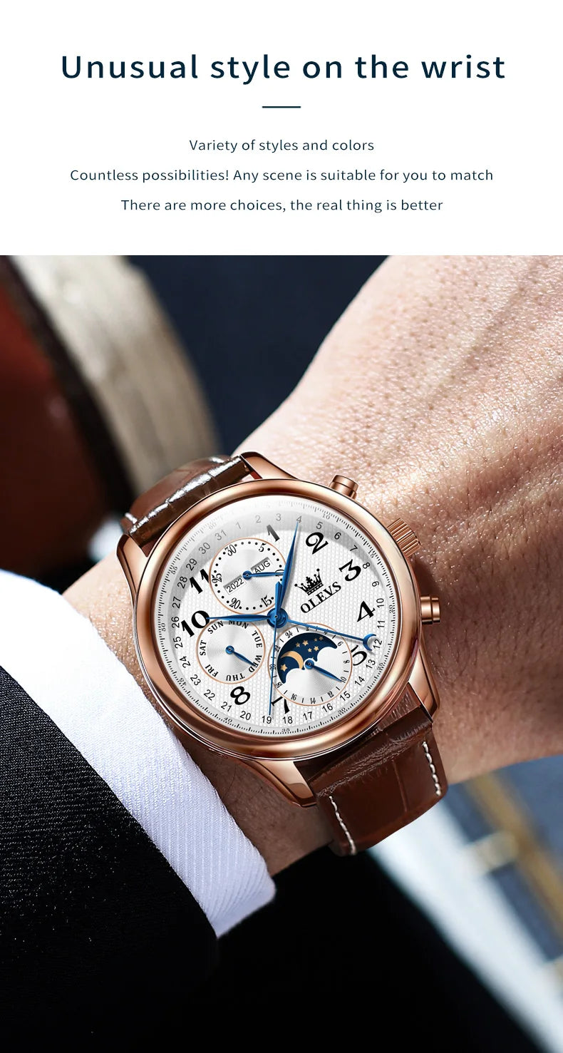OLEVS Top Brand Luxury Automatic Mechanical Men Watches Moon Phase Steel Dress Fashion Business Waterproof Watch Reloj Hombre