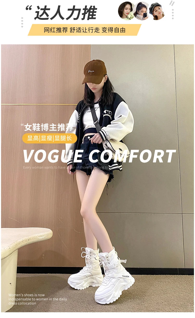 Women Ankle Boots Autumn Leather Chunky Shoes Woman High Platform Breathable Sneakers 8CM Thick Sole Wedges Motorcycles Boots