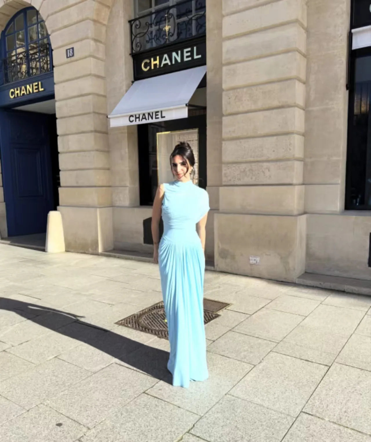 Elegant Shawl Ruched Asymmetrical Maxi Women Dress Summer Light Blue Slim Light Blue Party Dress Female Chic Evening Prom Gowns