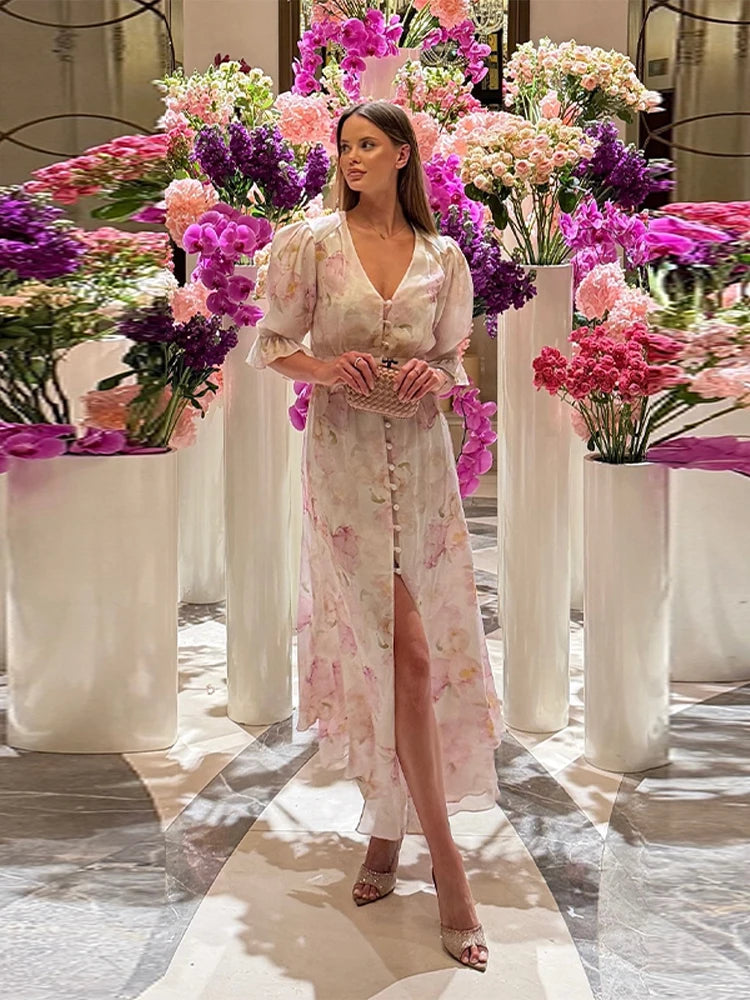 Elegant Printed Maxi Dress Women Half Sleeve V-Neck Button Waist-Closed Hip Package Ruffle Dresses 2026 Spring Summer Lady Robe