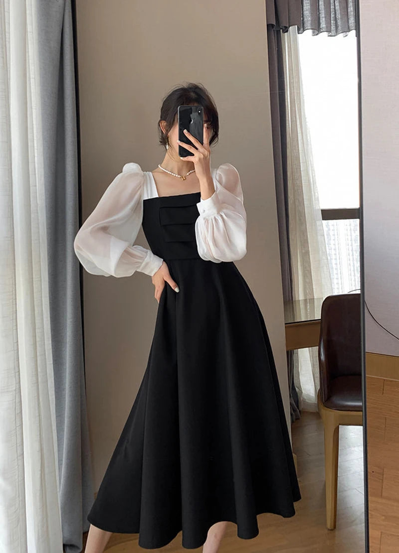 Korean Black Dress Women Elegant Fashion Summer Office Ladies High Waist Dress Chiffon Patchwork Square Collar A Line Vestidos