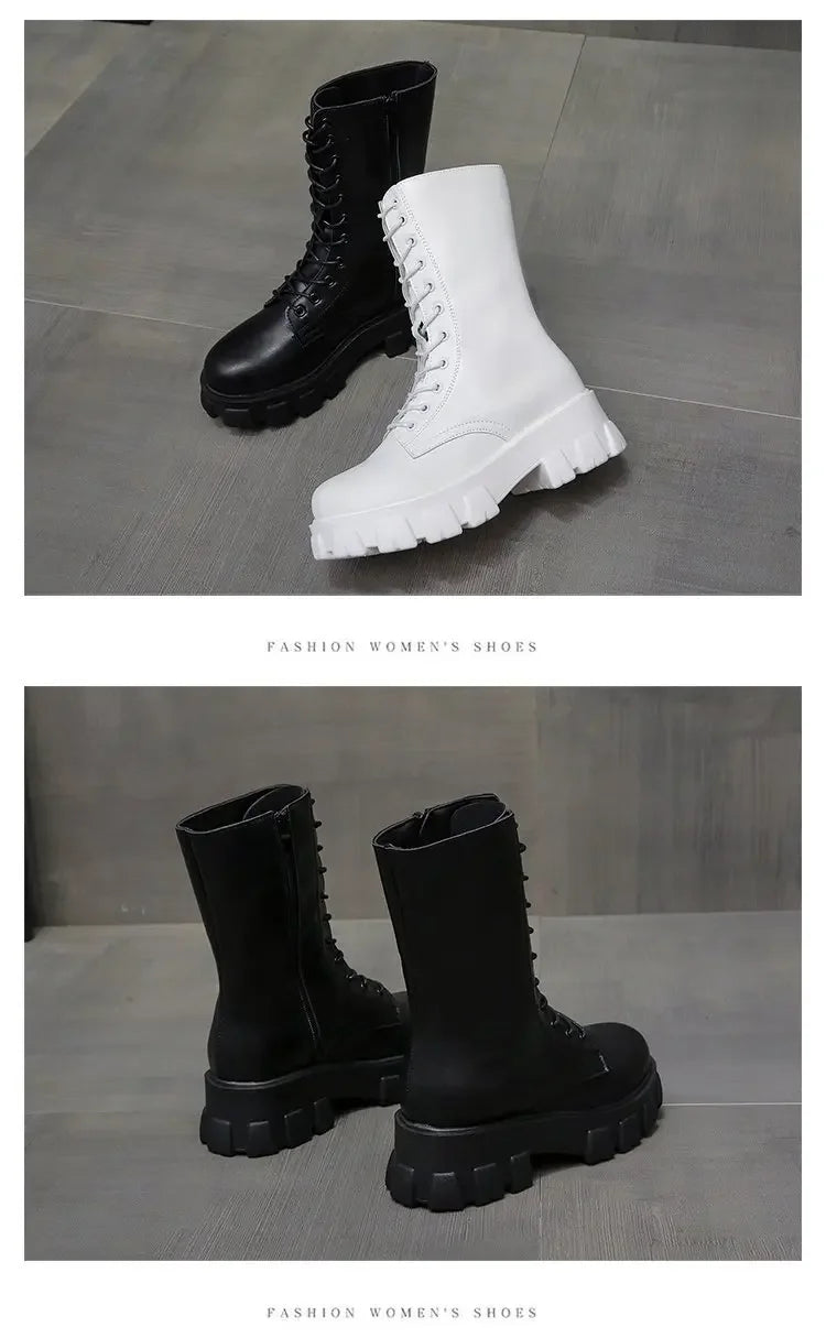 2024 Winter Shoes Women White Boots Autumn Fashion PU Leather Platform Gothic Boots Punk Combat Mid-Calf Boots For Women Booties