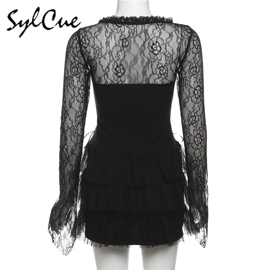 Nibber Black Retro Mysterious Lace Sexy Mature Beautiful Sweet Gentle Personality Women Drawstring Laminated Ruffled Tutu Dress