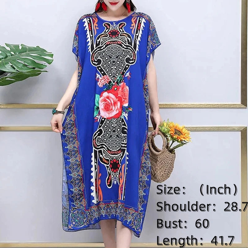 Retro Ethnic Style Women's Print Dress Batwing Sleeves O-Neck Straight Dress High Slit Loose Oversize Dresses Casual Matching