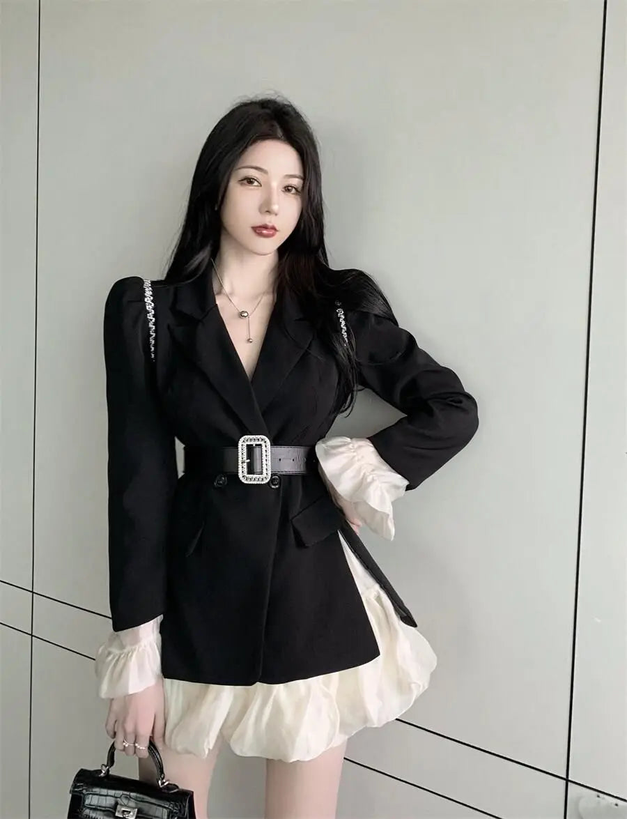 Neploe Temperament Lace Up Waist Slim Dress Sets High Waist Ruffle Edge Patched Sleeves Ropa Mujer Sexy Feminino Chic Women Sets