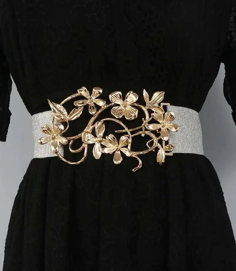 LANMREM Women Temperament Golden Flower Buckle Gold Silver Thread Elastic Waistband Fashionable Matching Skirt Dress 2DB1921