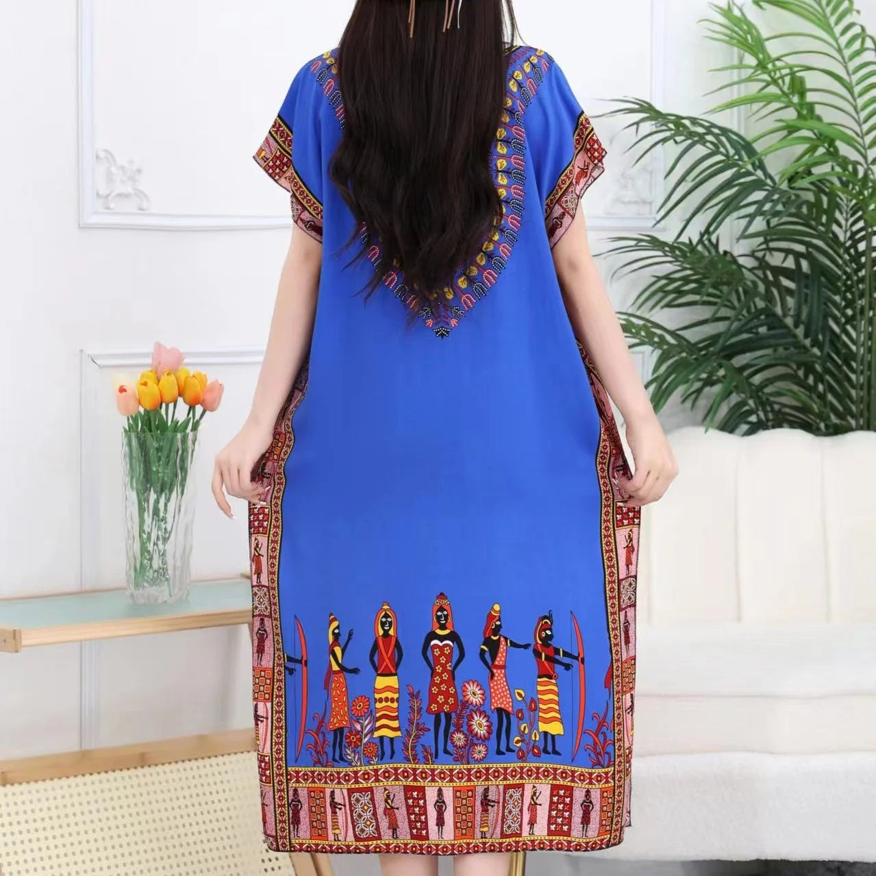Retro Ethnic Style Women's Print Dress Batwing Sleeves O-Neck Straight Dress High Slit Loose Oversize Dresses Casual Matching