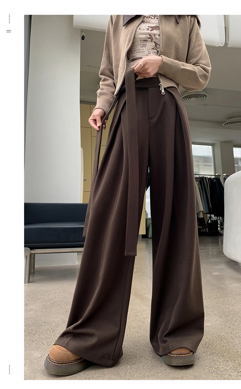 MEXZT Woolen Wide Leg Pants Women Fashion Lace Up Black Baggy Suit Pants Winter Streetwear Korean Casual Straight Trousers New