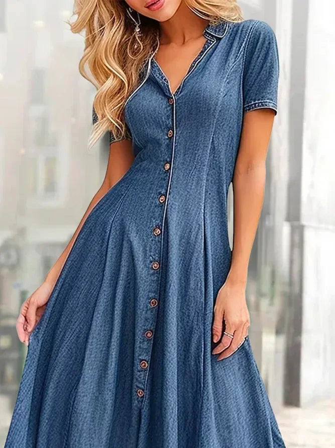 V-neck Single Breasted Denim Shirt Dress for Women Harajuku Summer Party Long Dresses Elegant Short-sleeved Slim-fit Denim Dress