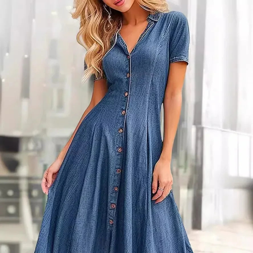 V-neck Single Breasted Denim Shirt Dress for Women Harajuku Summer Party Long Dresses Elegant Short-sleeved Slim-fit Denim Dress