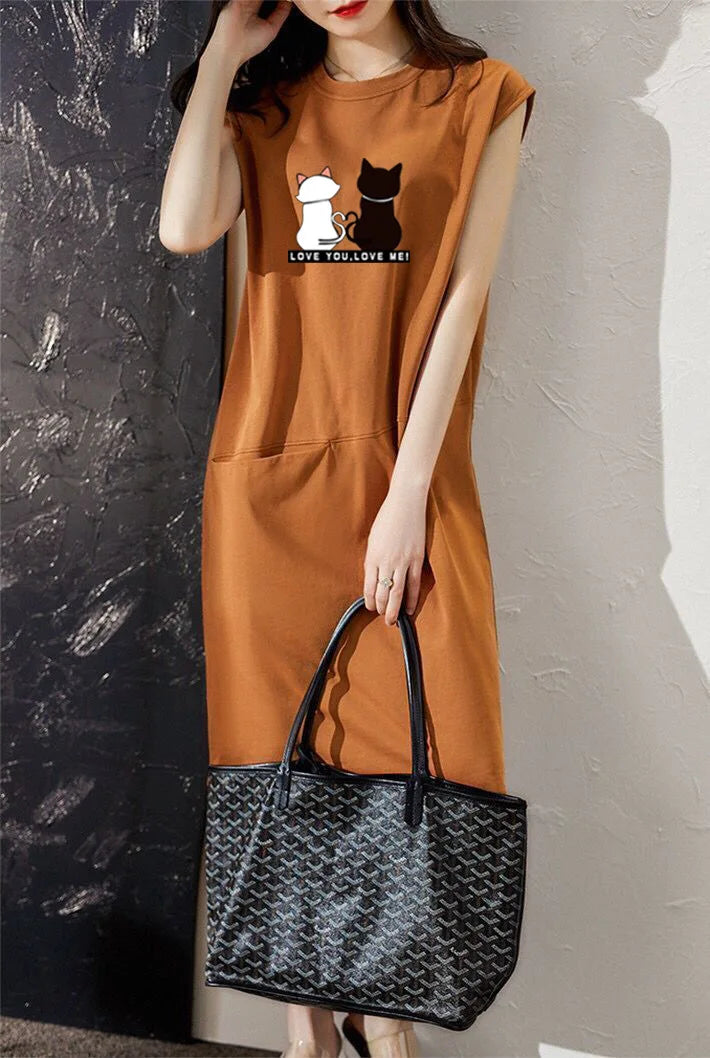 Women Summer Kawaii Cat Print Dress Korean Fashion Aesthetic Clothes Casual Streetwear Black Loose Midi Dresses for Women 2023
