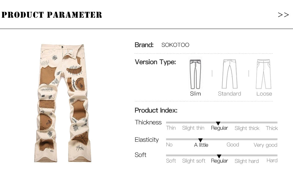 Men's Slim Boot Cut Denim Jeans Streetwear Embroidery Patches Pants Khaki Flared Trousers