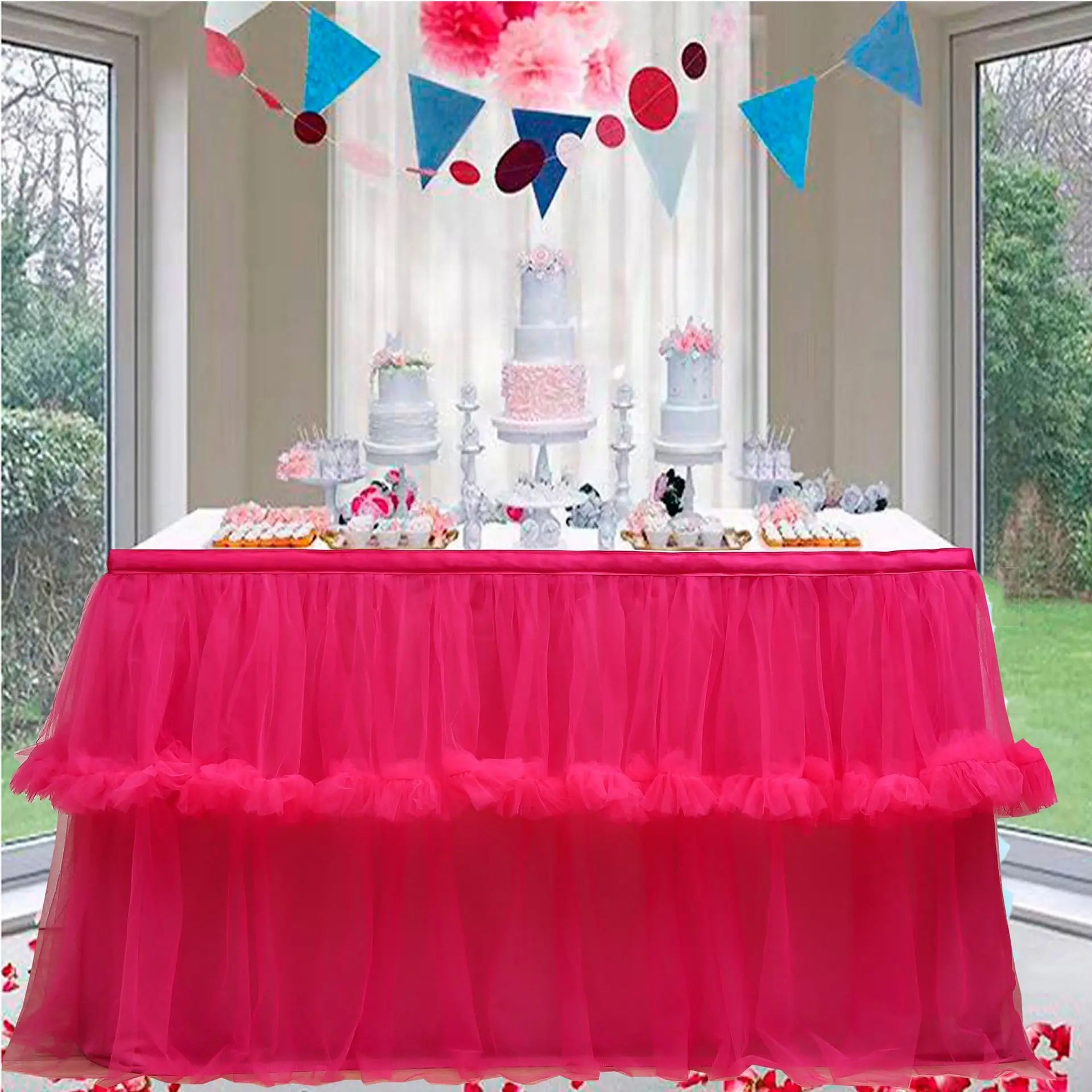 Wedding Tulle Table Skirt 6FT/9FT Purple Pink White Mesh Dining Table Decoration Table Cover For Wedding Reception Banquet