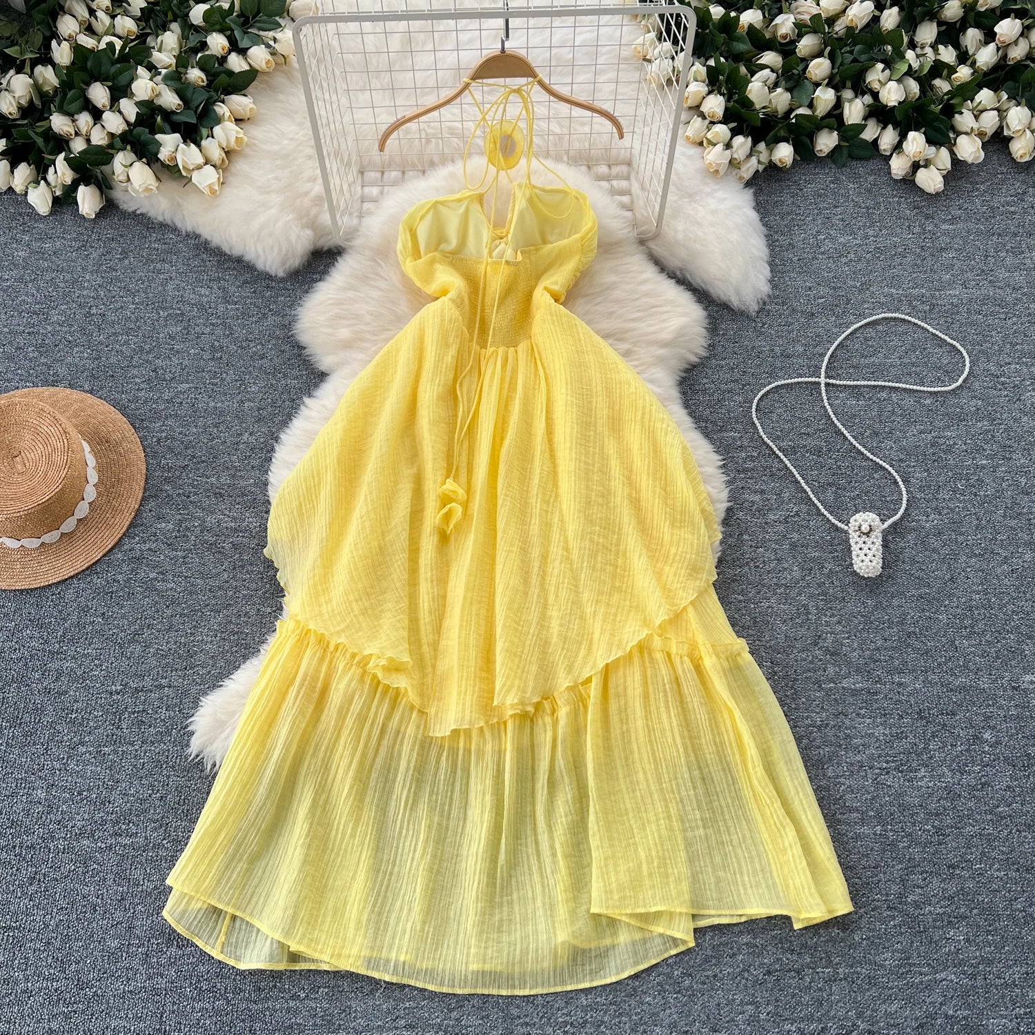 Elegant Sweet High Waist Hollow Out Asymmetric Three-dimensional Flower Halter Dress Vacation Slim Women Party Summer Dresses