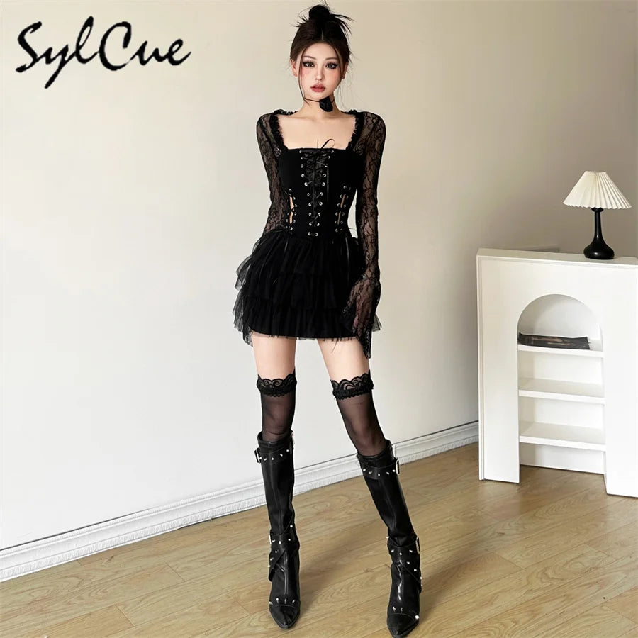 Nibber Black Retro Mysterious Lace Sexy Mature Beautiful Sweet Gentle Personality Women Drawstring Laminated Ruffled Tutu Dress