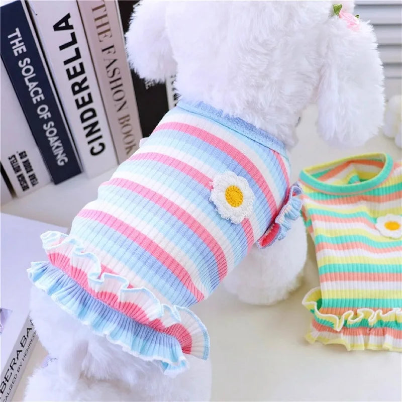 Dog Summer Clothes Pet Dog Vest Dress Dog Knitted Striped Dog T Shirt Chihuahua Bichon Clothing Kitten Puppy Girls Dog Costume