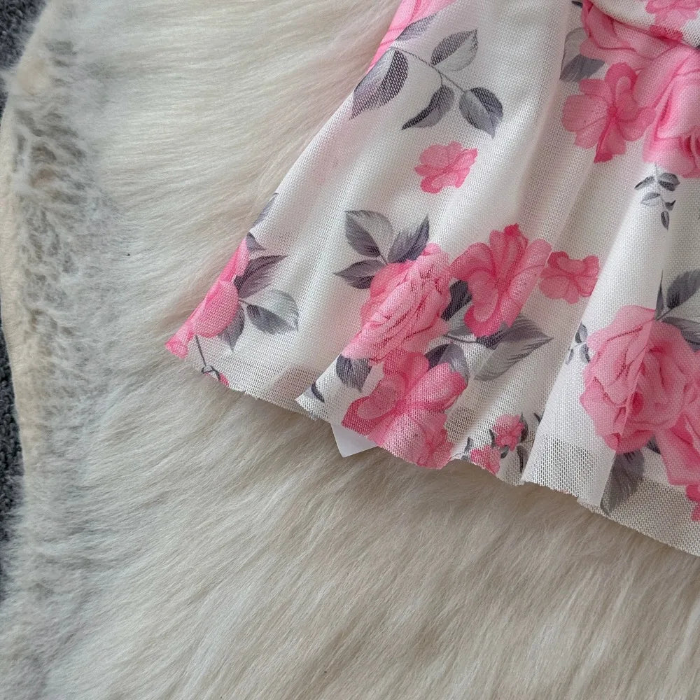 SsTss Summer Sweet Pink Floral Print Mesh Bodycon Dress for Women Elegant Square Neck Sleeveless Slim Ruched Ruffles Party Dress