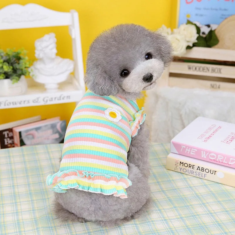 Dog Summer Clothes Pet Dog Vest Dress Dog Knitted Striped Dog T Shirt Chihuahua Bichon Clothing Kitten Puppy Girls Dog Costume