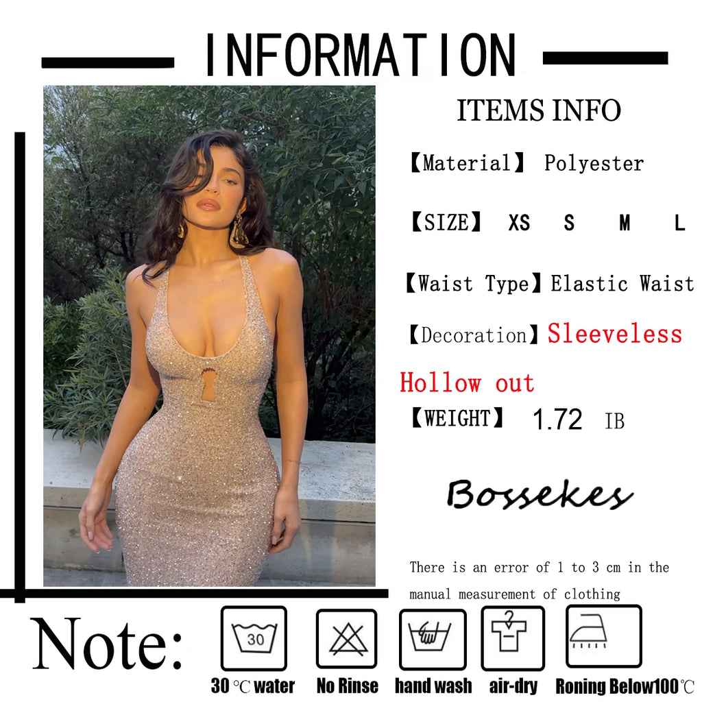 Long Dresses Women Elegant Shinny Sequins Midi Dress Female Sleeveless Backless Long Vestidos Lady Party Club Evening Robes