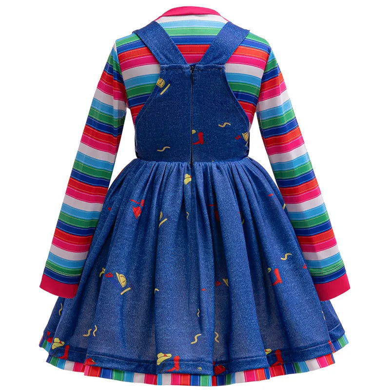 Girls' Long sleeved Rainbow stripes Denim overalls Dress jumpsuit Children's Casual two-piece Set Halloween cosplay Skirt 1-8