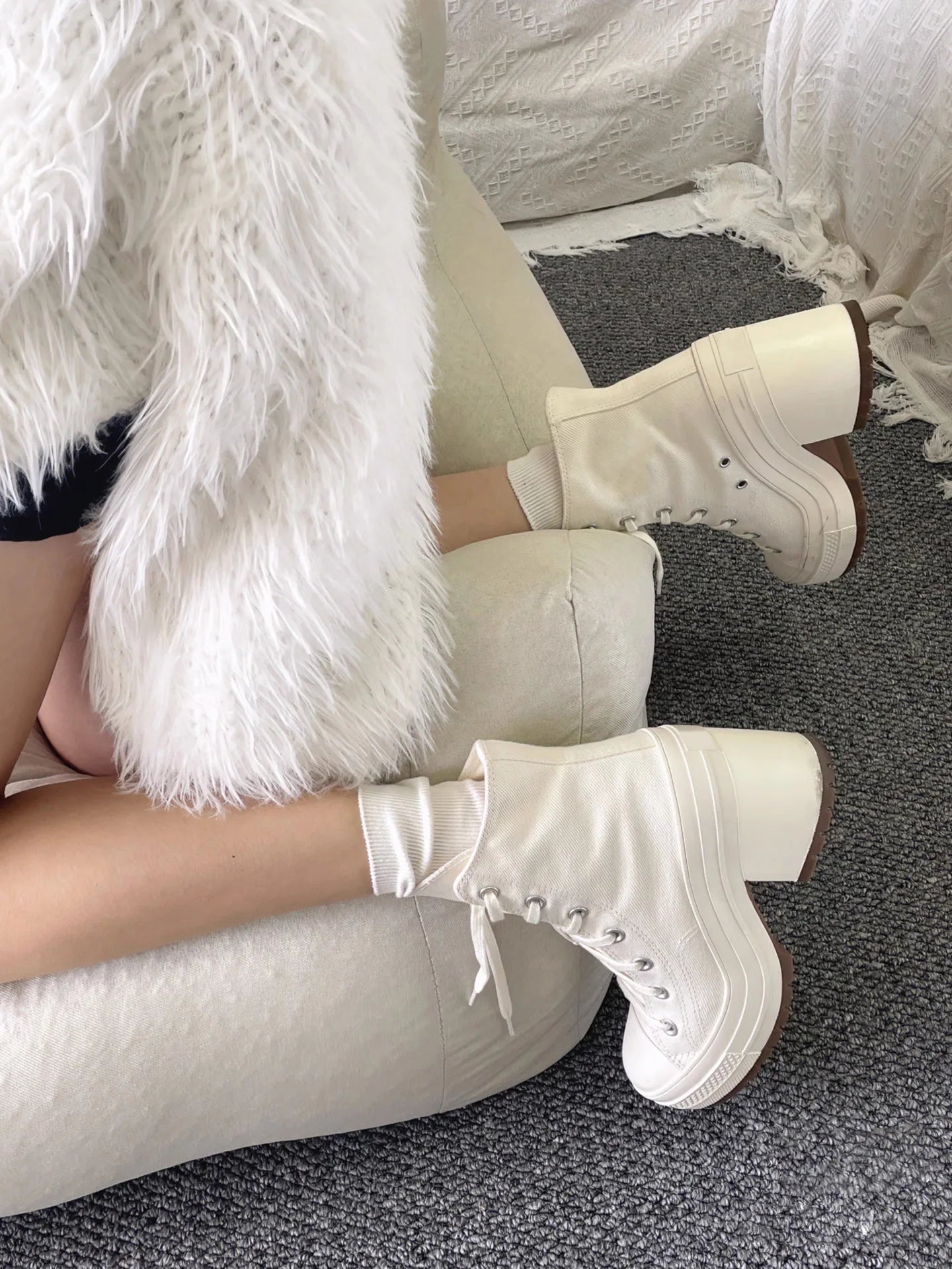 High Top Canvas Shoes Women Thick Platform Sneakers Ladies 7CM Chunk Heels 2024 Designer Street Style Lace-up Casual Shoes Mujer