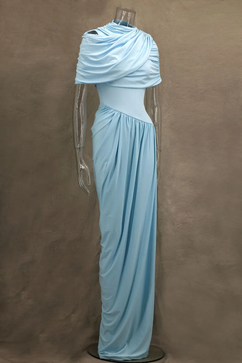 Elegant Shawl Ruched Asymmetrical Maxi Women Dress Summer Light Blue Slim Light Blue Party Dress Female Chic Evening Prom Gowns