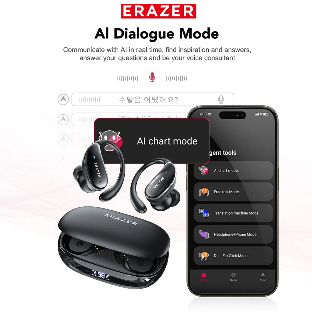 ERAZER XT80pro TWS AI Bluetooth Earphones Sports Wireless Headphones Touch Control Earhooks Headsets Active Noise Cancellation