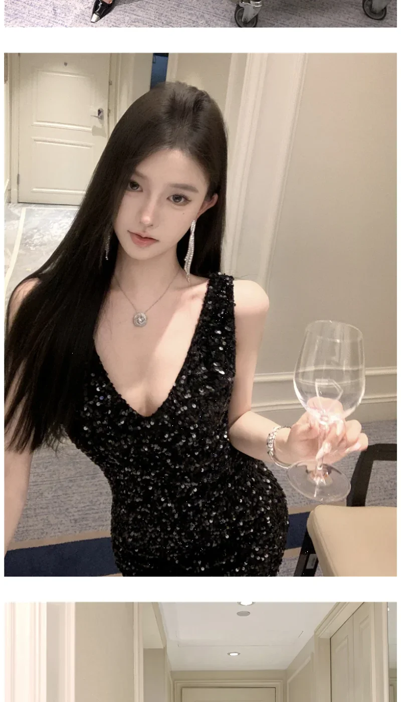 Heavy Industry Sequin V-neck Sling Dress Women's Autumn Slim Dress Temperament Fishtail Hip-wrapped Long Dresses