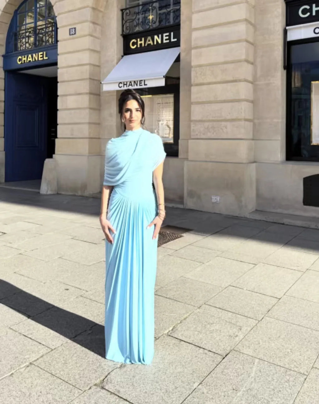 Elegant Shawl Ruched Asymmetrical Maxi Women Dress Summer Light Blue Slim Light Blue Party Dress Female Chic Evening Prom Gowns