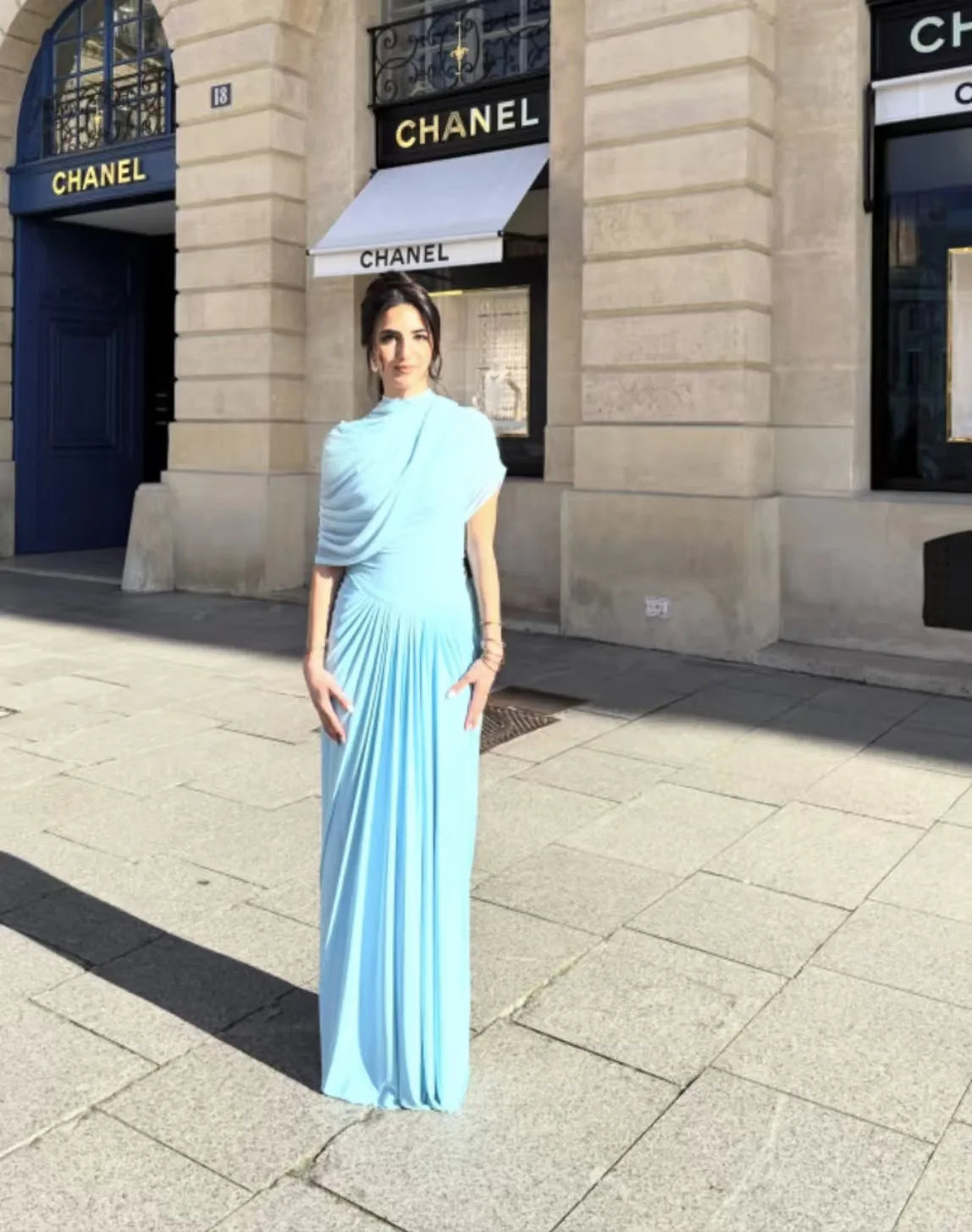 Elegant Shawl Ruched Asymmetrical Maxi Women Dress Summer Light Blue Slim Light Blue Party Dress Female Chic Evening Prom Gowns