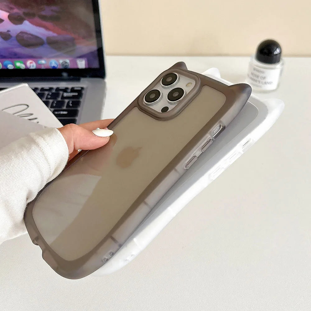 Korea Cute 3D Cat Ear Transparent Phone Case For iPhone 11 12 13 14 15 16 Pro Max Matte Silicone Shockproof Protective Cover