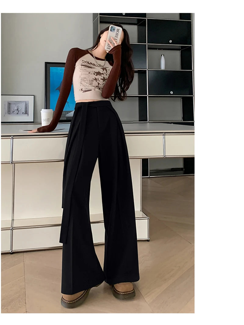MEXZT Woolen Wide Leg Pants Women Fashion Lace Up Black Baggy Suit Pants Winter Streetwear Korean Casual Straight Trousers New