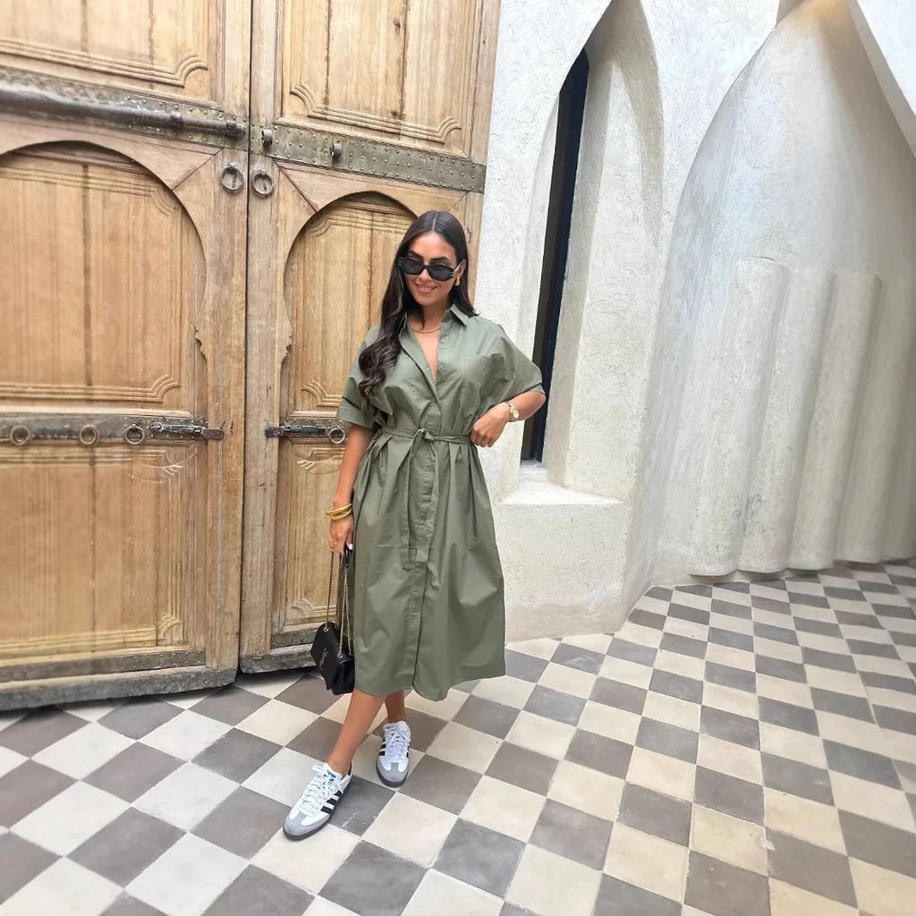 Fashion Commuter Long Skirt Office Elegant Lapel Shirt Dress Women Casual Elegant Single-breasted Short-sleeved Party Dress