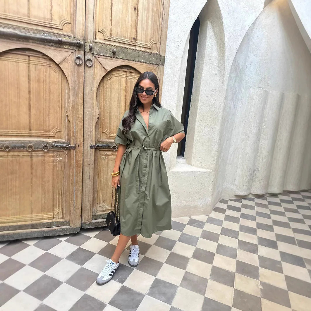 Fashion Commuter Long Skirt Office Elegant Lapel Shirt Dress Women Casual Elegant Single-breasted Short-sleeved Party Dress