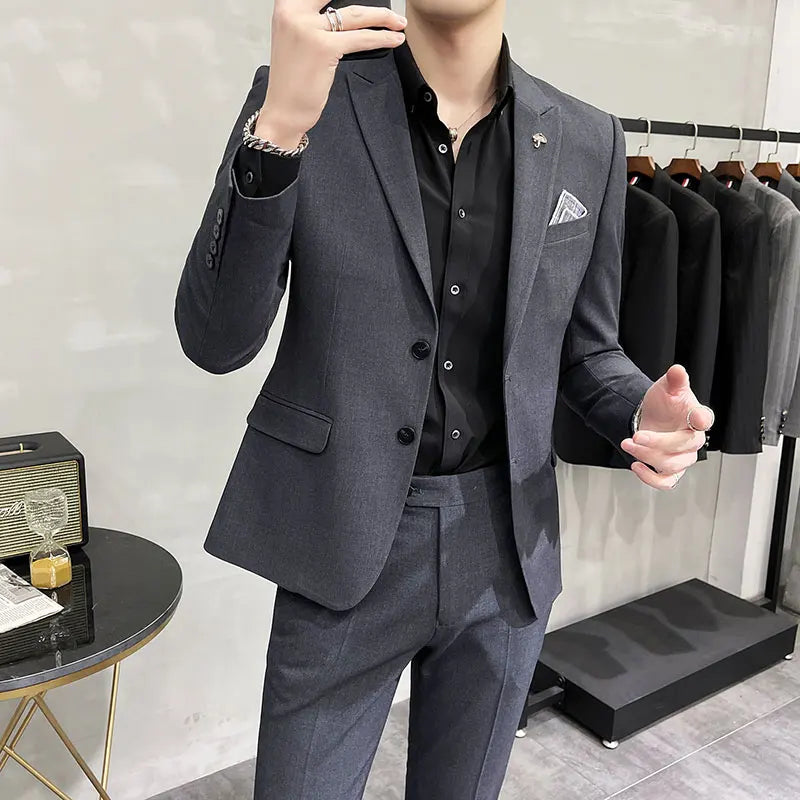 ( Blazer + Pants ) High End Brand Plaid Men's Casual Formal Office Business Suit Groom Wedding Dress Slim Suit Jacket Trousers